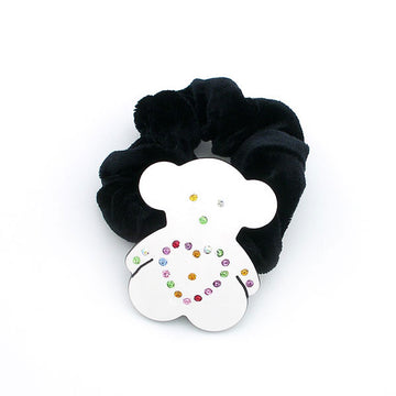 White Love Bear Velvet Ponytail Holder with Multi-colored Rhinestones